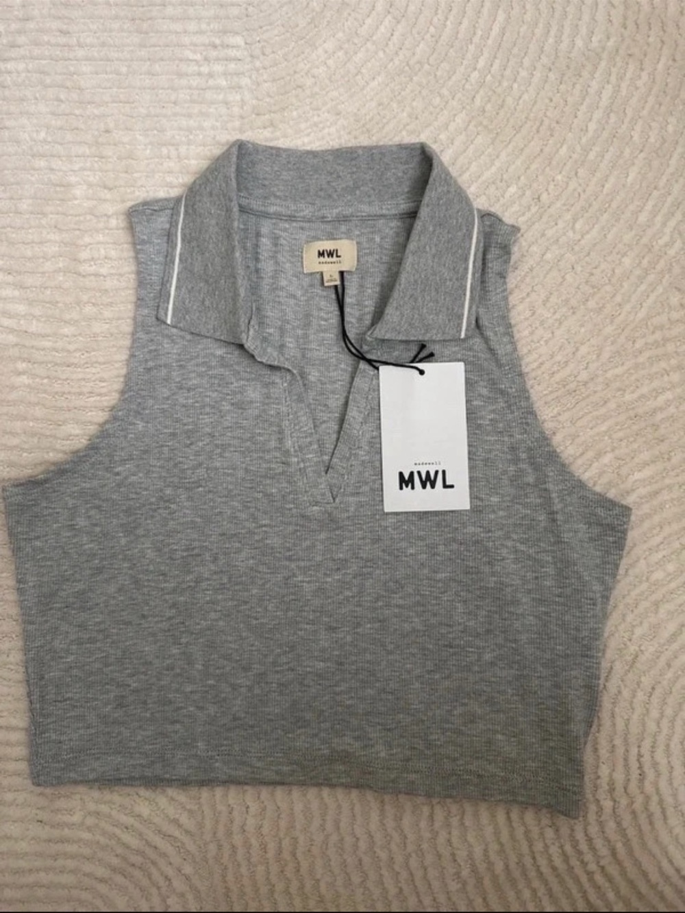 Madewell Grey Sleeveless Polo Crop Top with White Piping